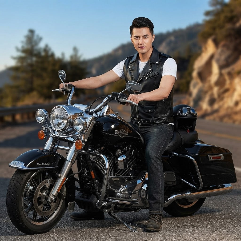 Men’s Black PU Leather Motorcycle Vest – Punk Biker Moto Jacket