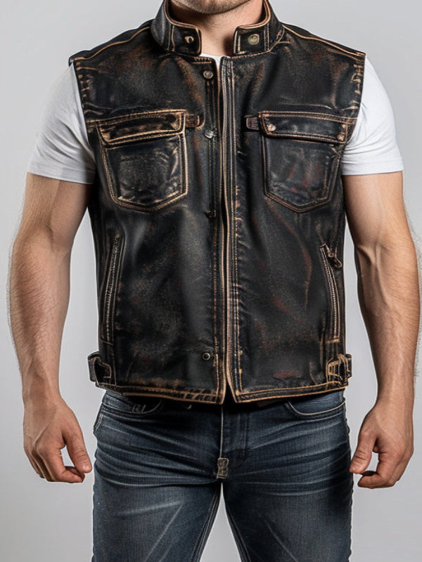 Enzo Men's Vintage Dark Brown Leather Vest