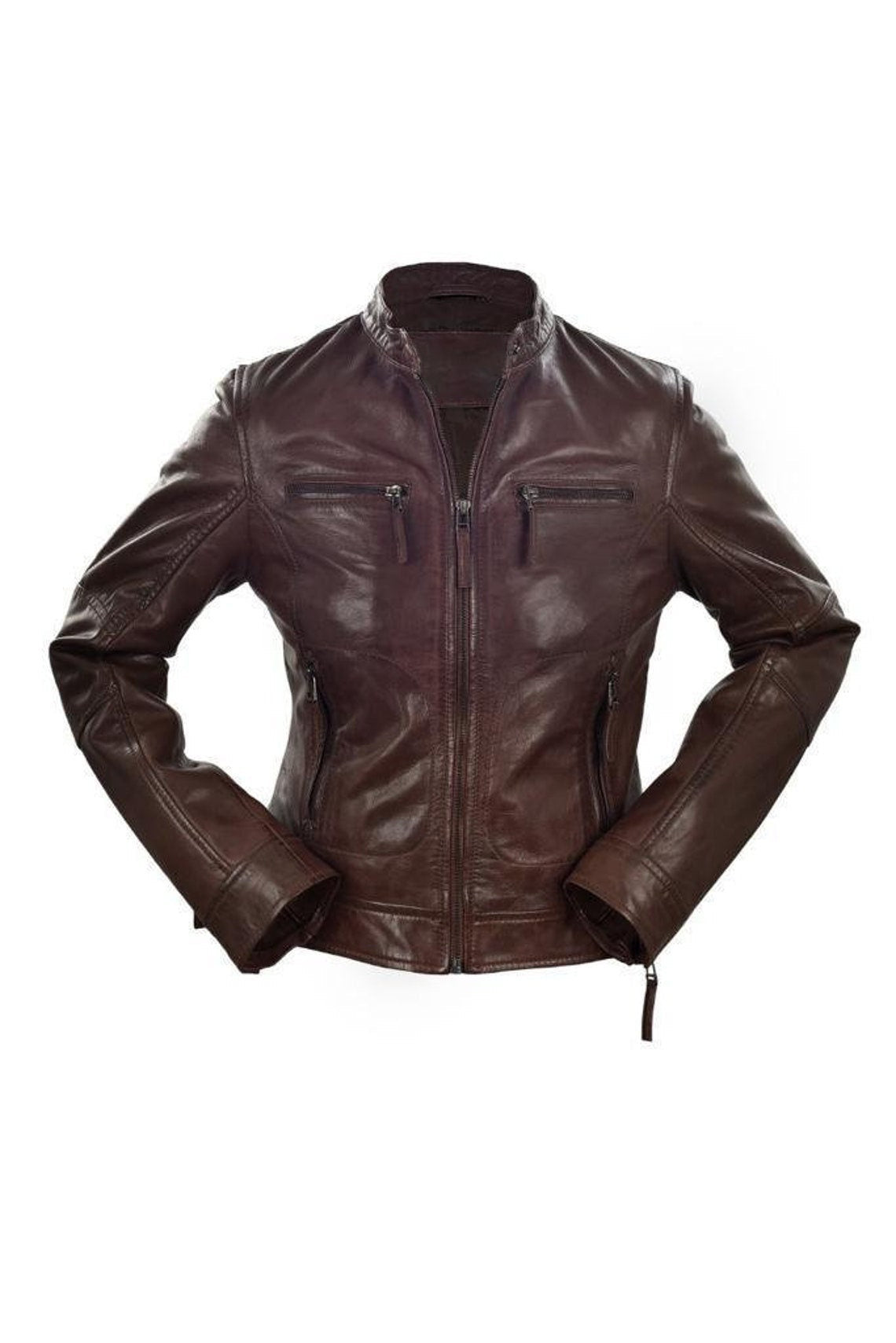 Handmade  Stylish Look  Dark Brown Biker Leather Jacket for Women - Motorcycle Leather Jacket for Women